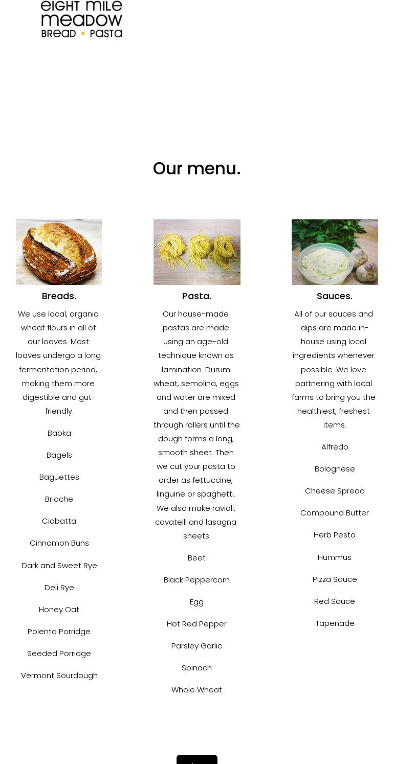 8 Mile Meadow Bread & Pasta Menu