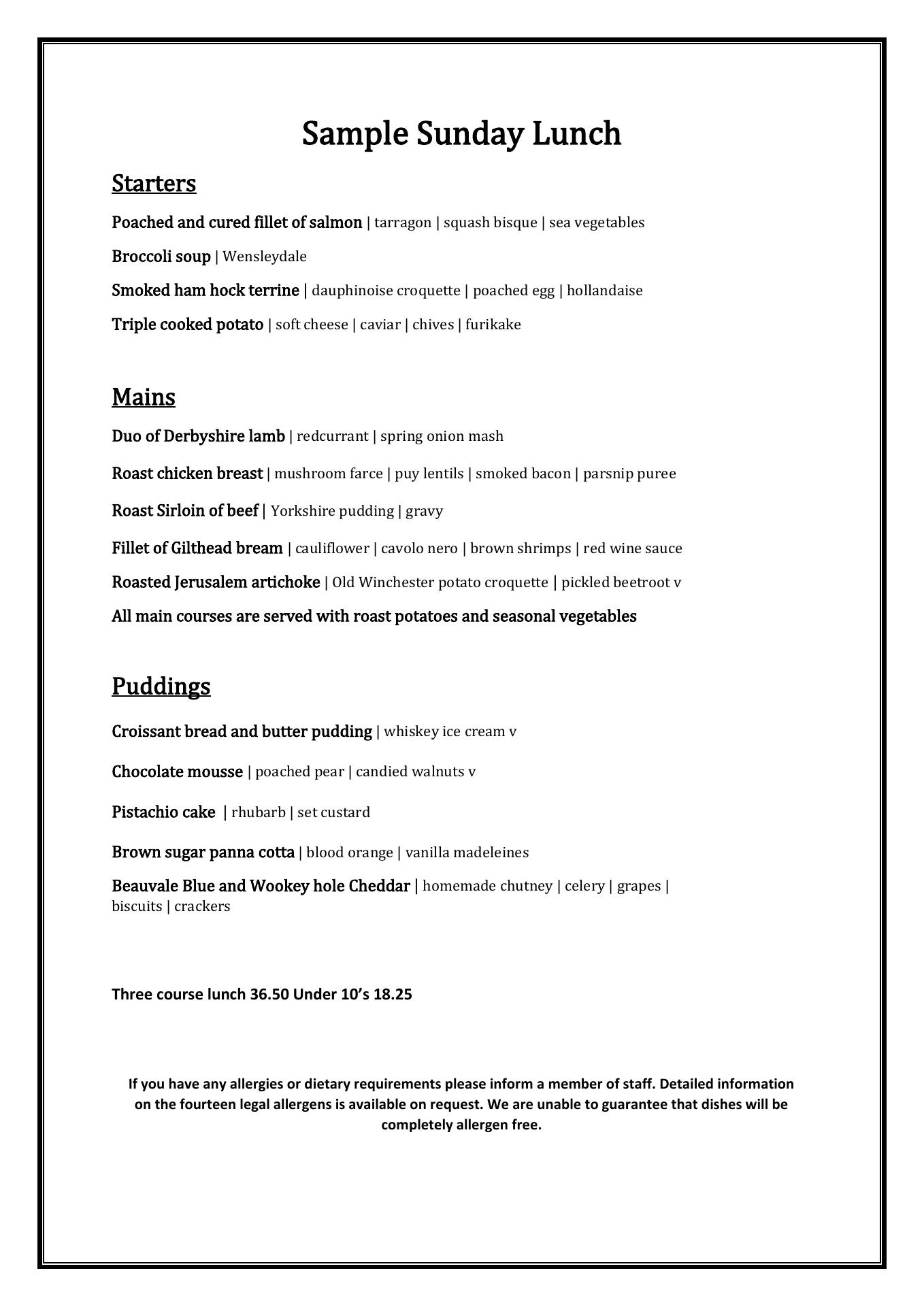 Dovecote Restaurant Menu