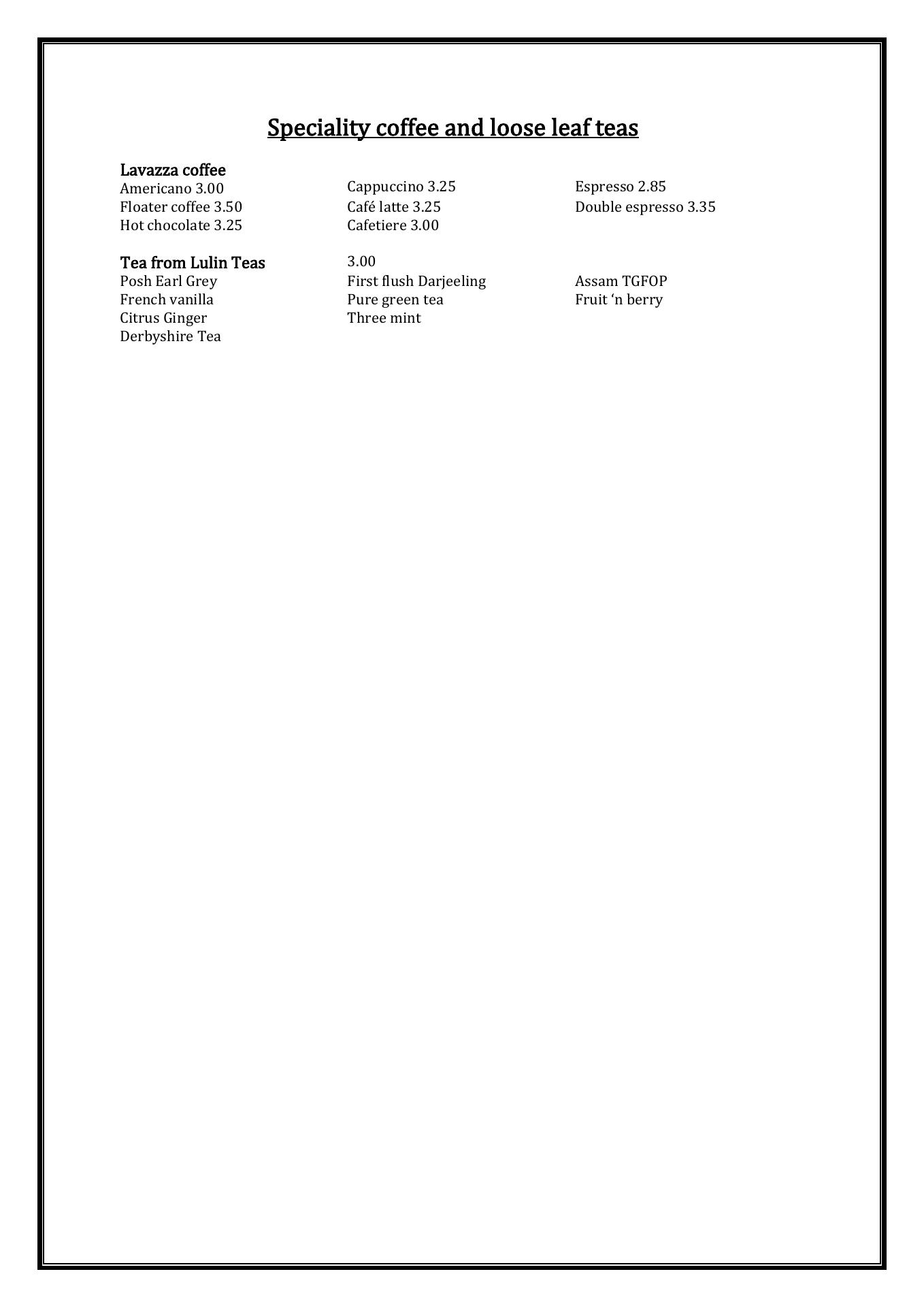 Dovecote Restaurant Menu