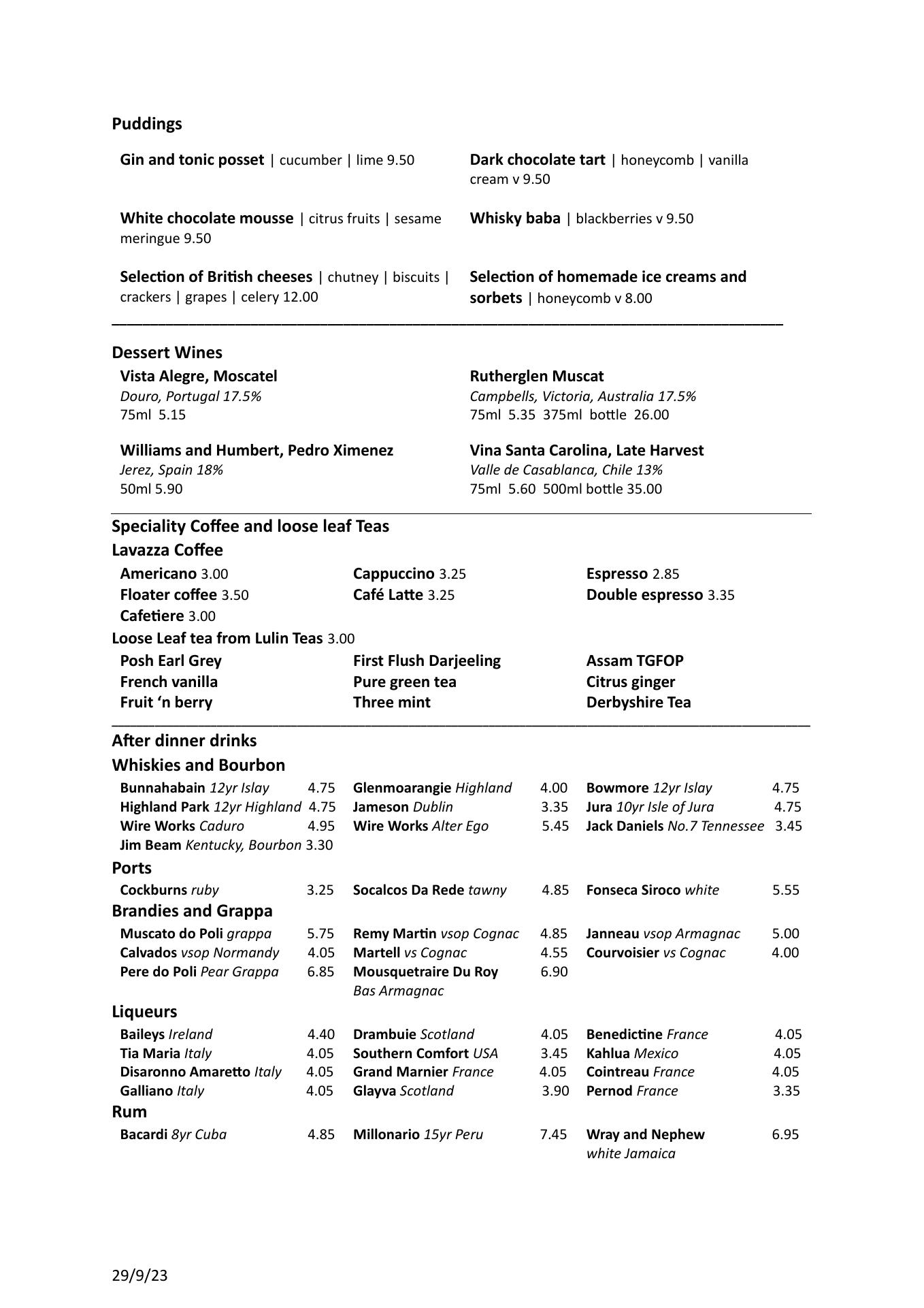 Dovecote Restaurant Menu