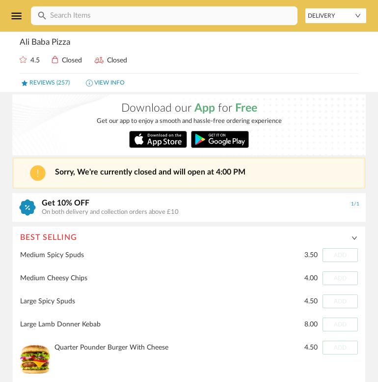 Ali Baba Pizza Menu
