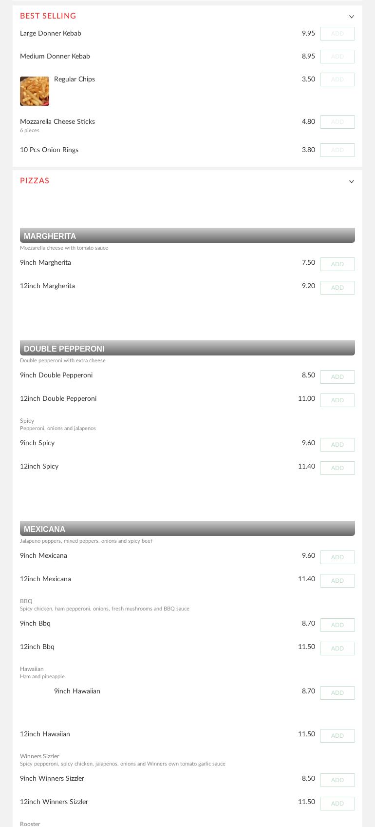 Winner Kebab House Menu