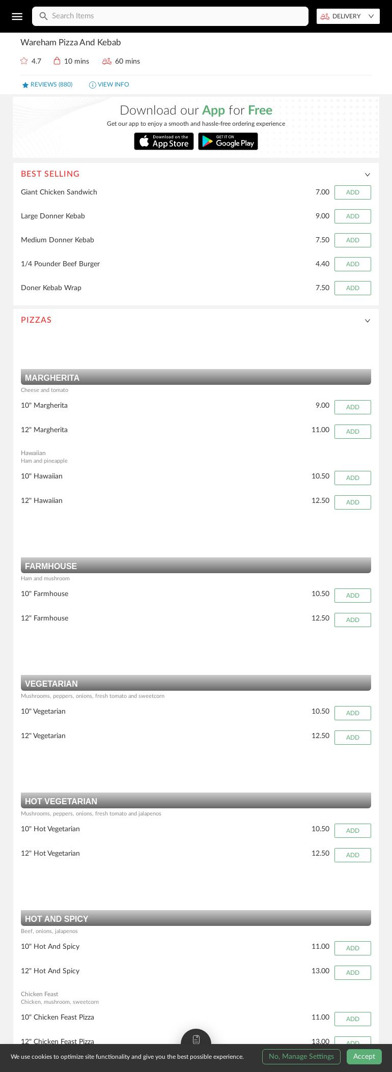 Wareham Pizza and Kebab Menu
