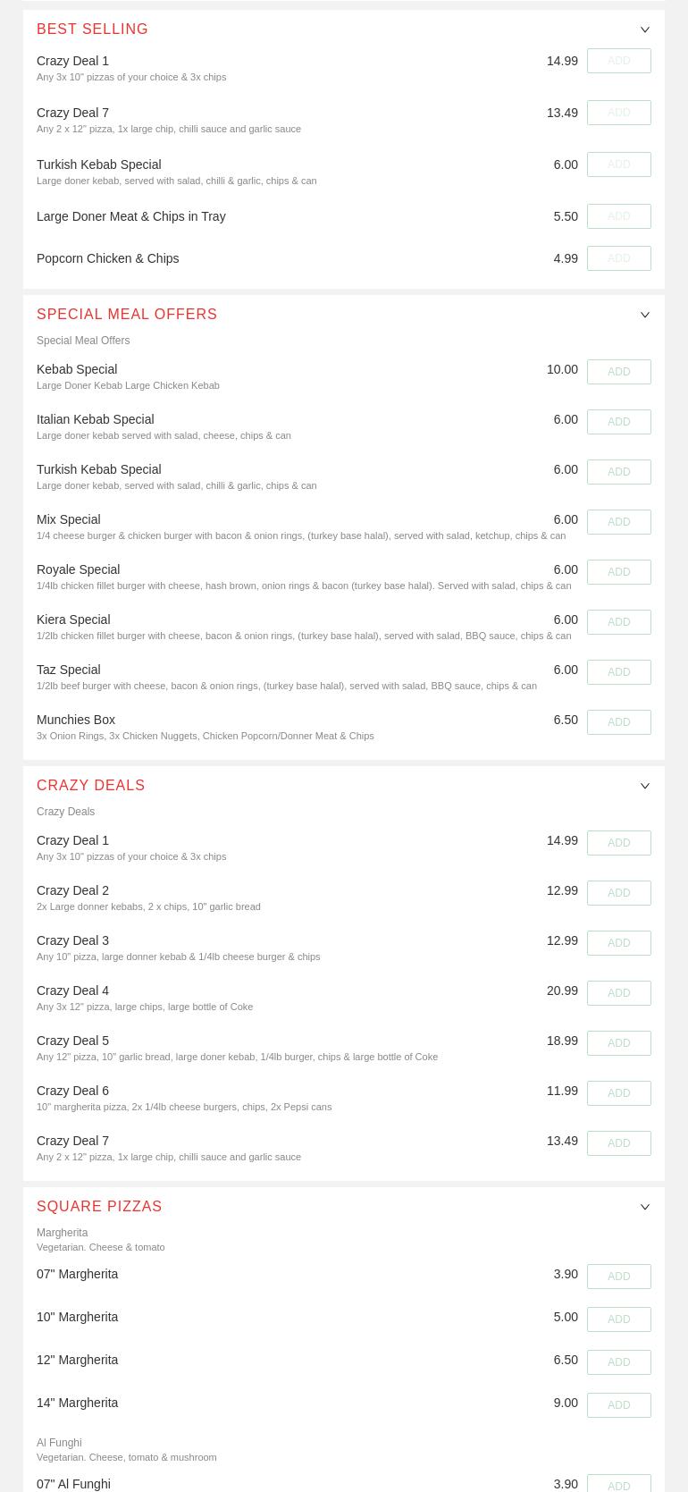 Sirius Square Pizza Menu