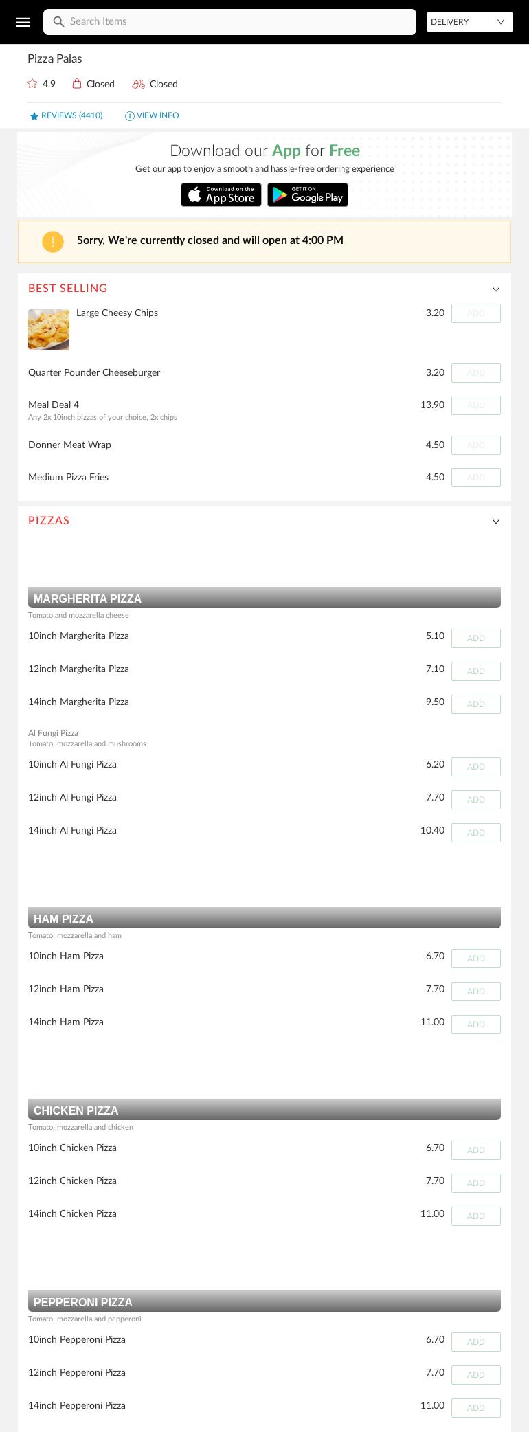 Pizza Palas Menu