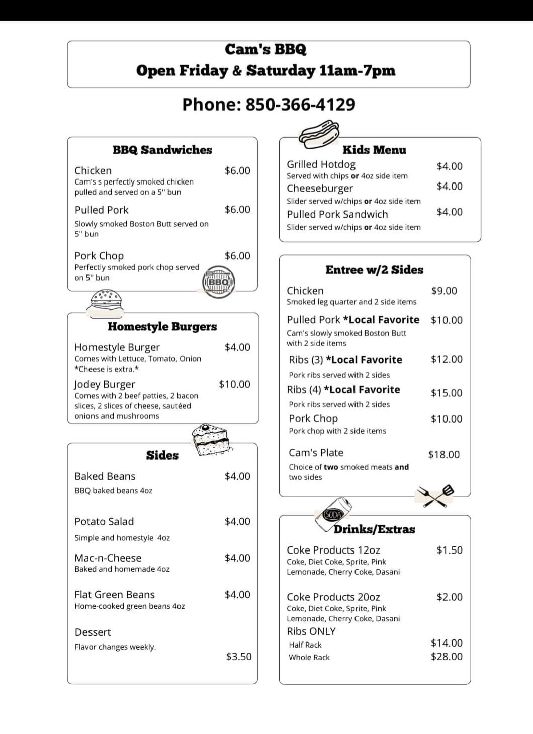 Cam's BBQ Menu