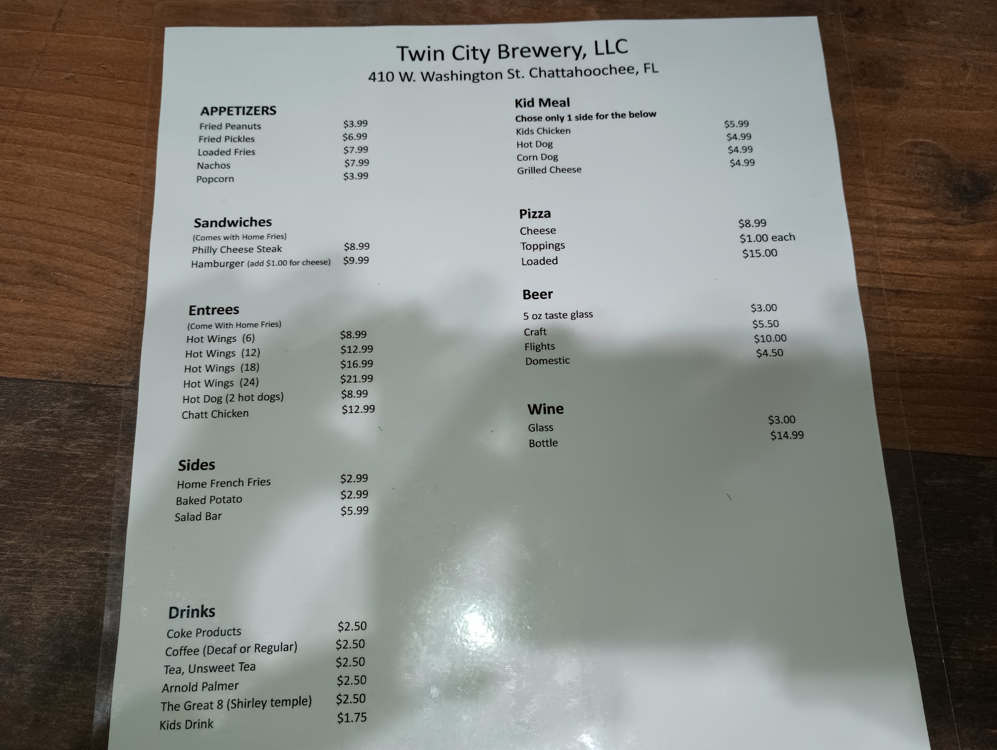 Twin City Brewery Menu
