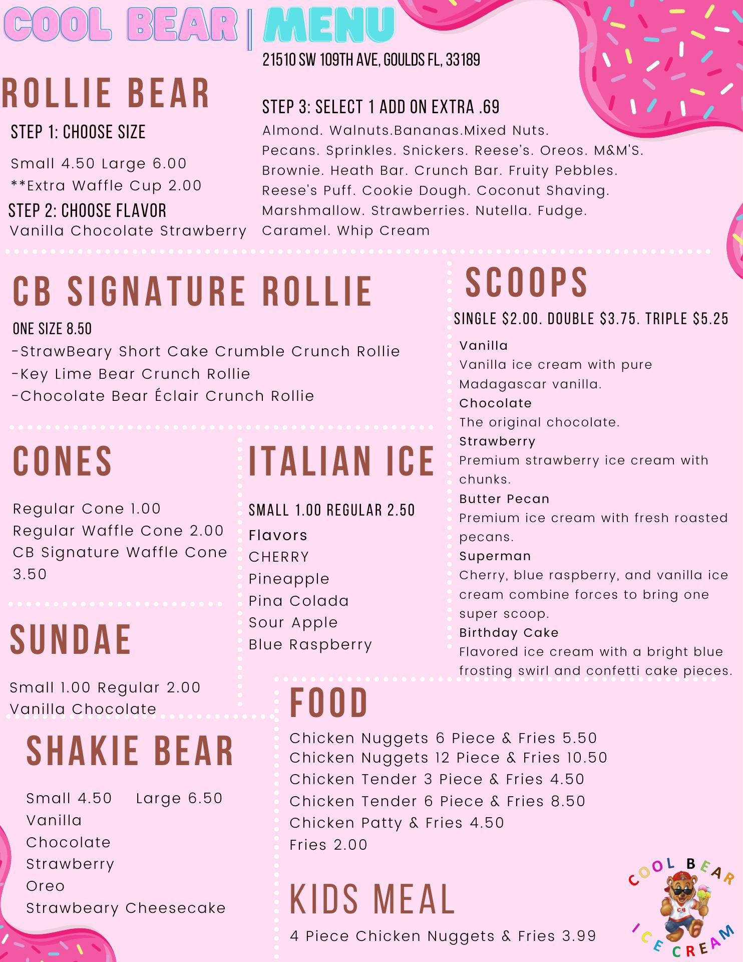 COOL BEAR ICE CREAM Menu