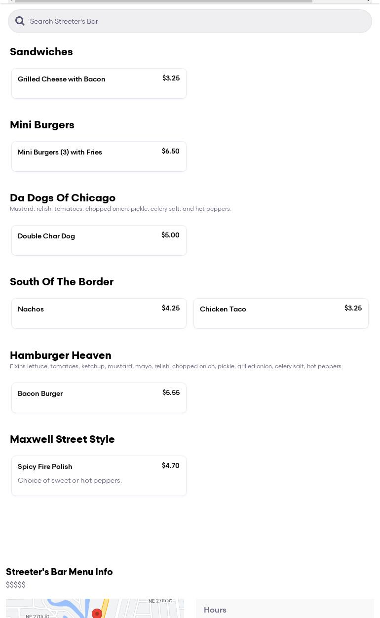 Streeters Bar Menu
