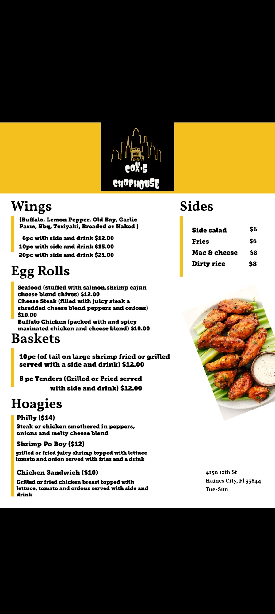 Cox's Chophouse Menu