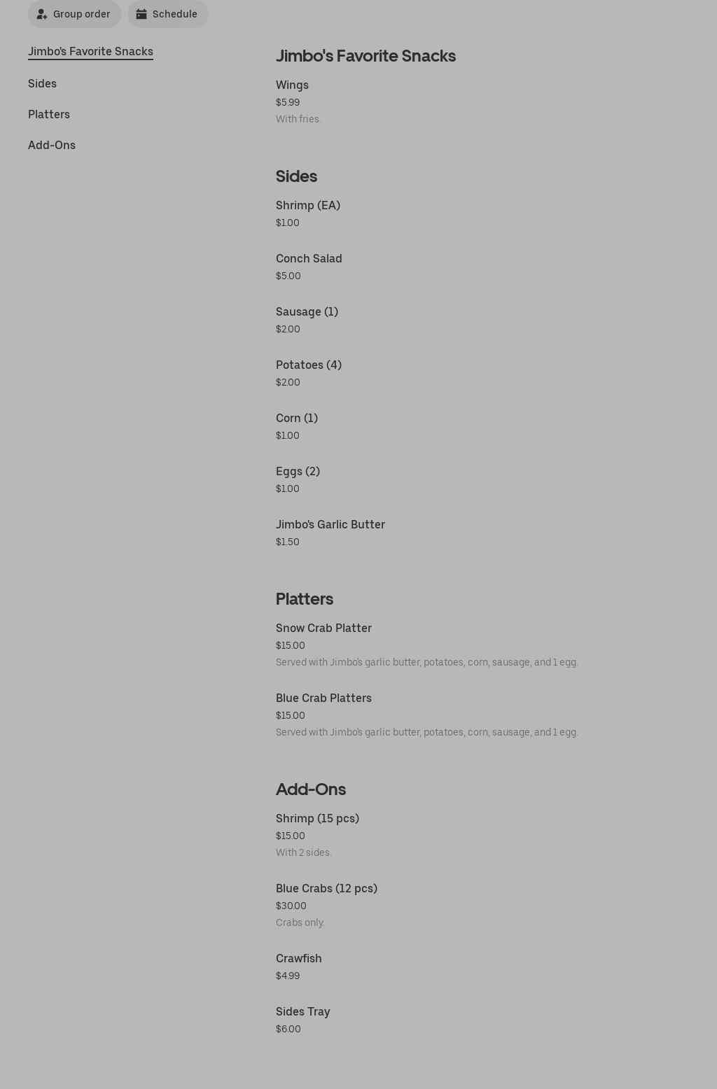 Jimbo World Crab Shack Menu
