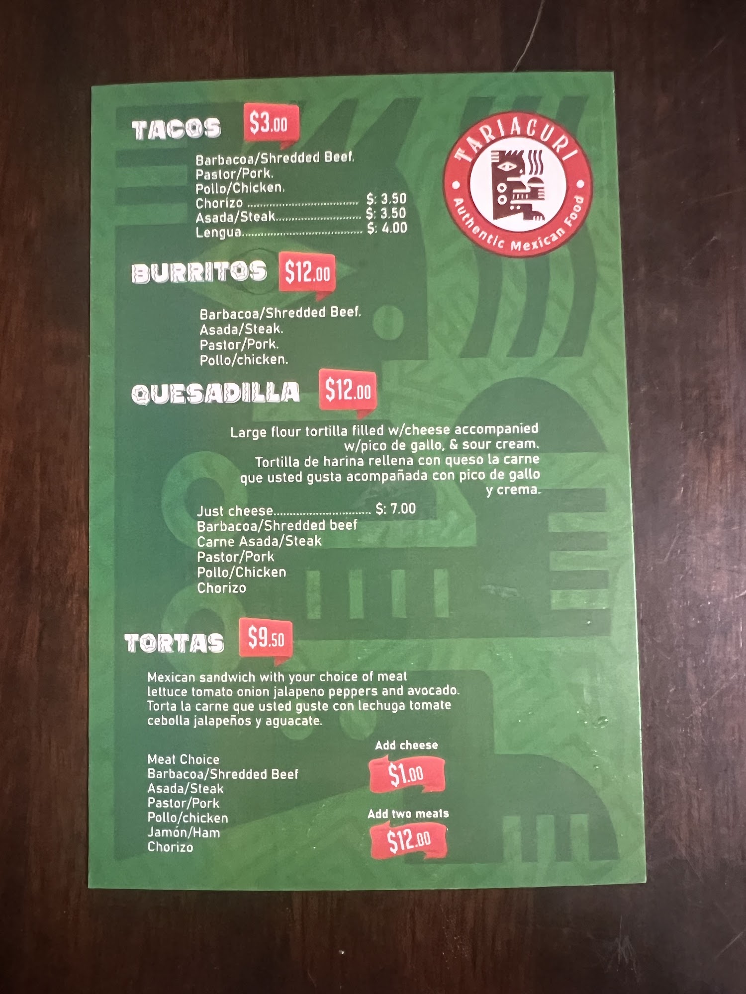 Tariacuri Tacos Menu