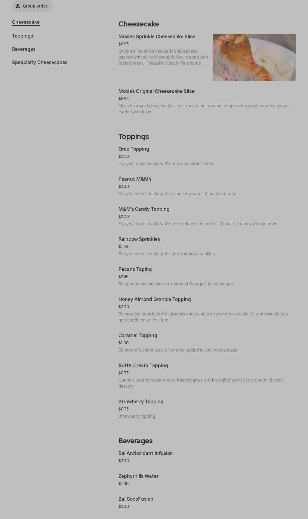 Moxie's Cheesecakes Menu