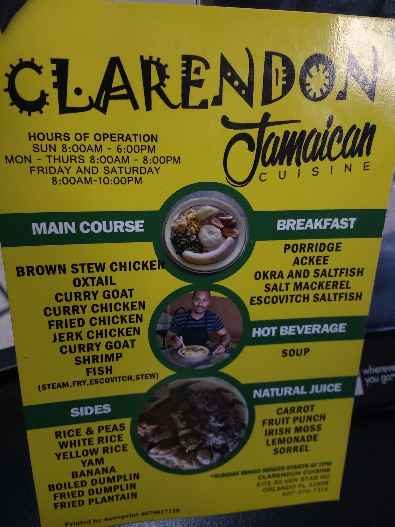 Clarendon Cuisine Inc Menu