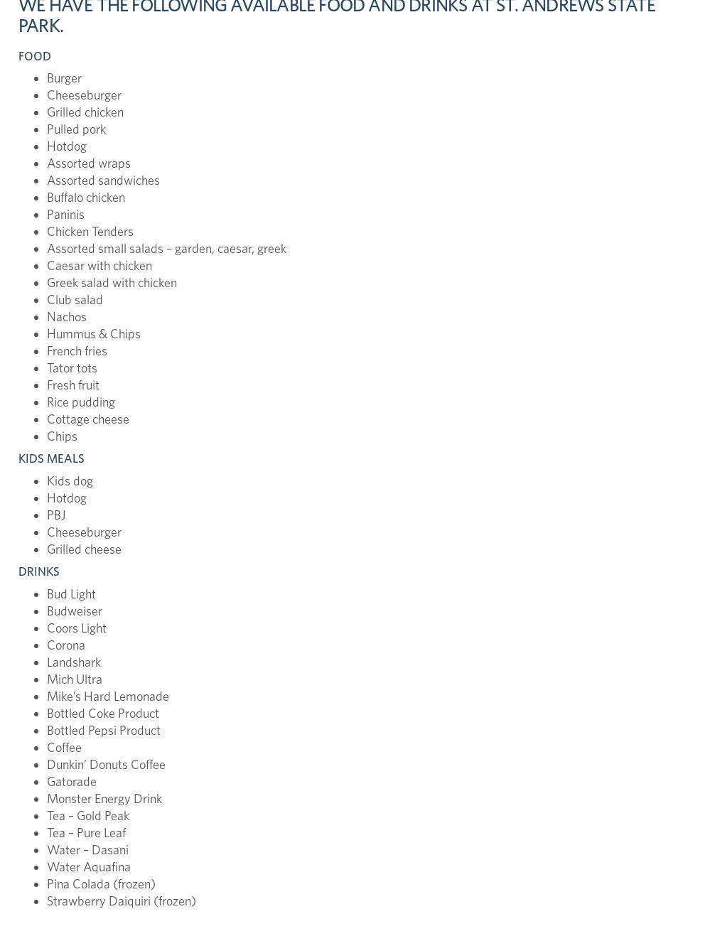 Land's End Grill Menu