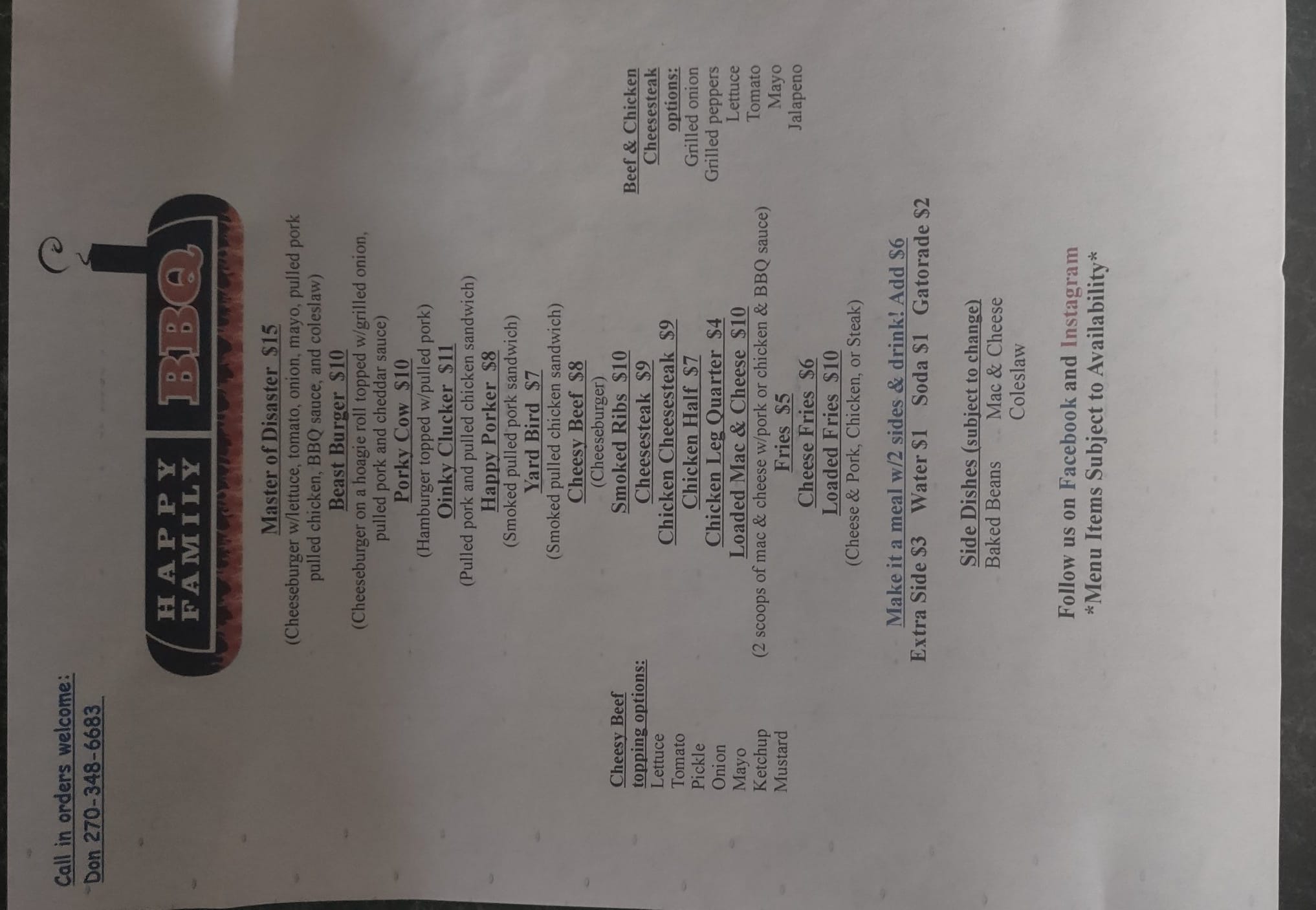 Happy Family BBQ Menu