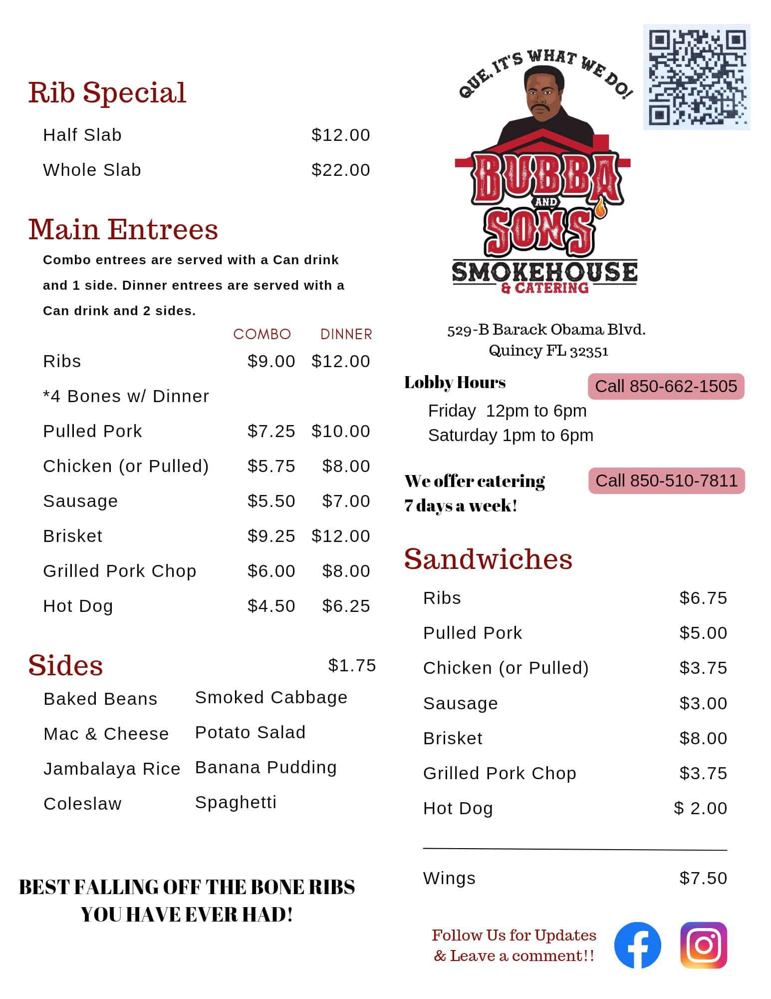 Bubba & Sons' Smokehouse and Catering Menu