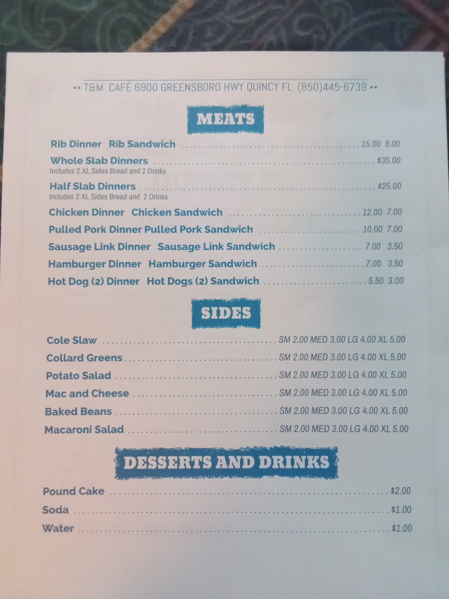 T&M Cafe LLC Menu