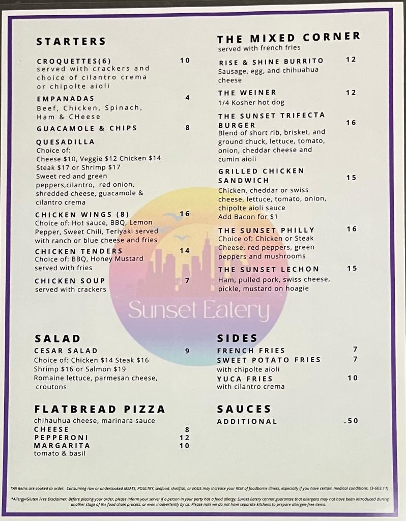 Sunset Eatery Menu