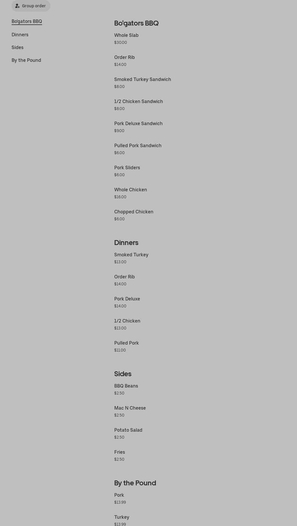 Bogaters barbecue Menu