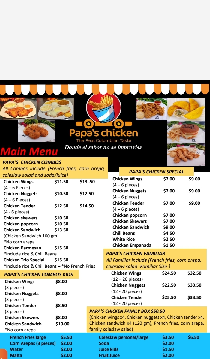 Papa's Chicken Menu