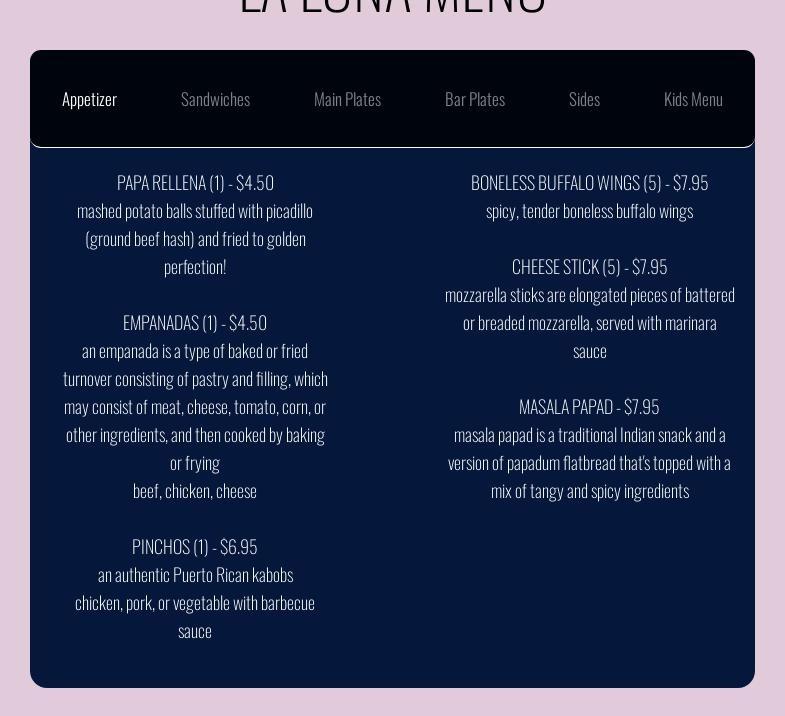 La Luna Restaurant and bar Menu