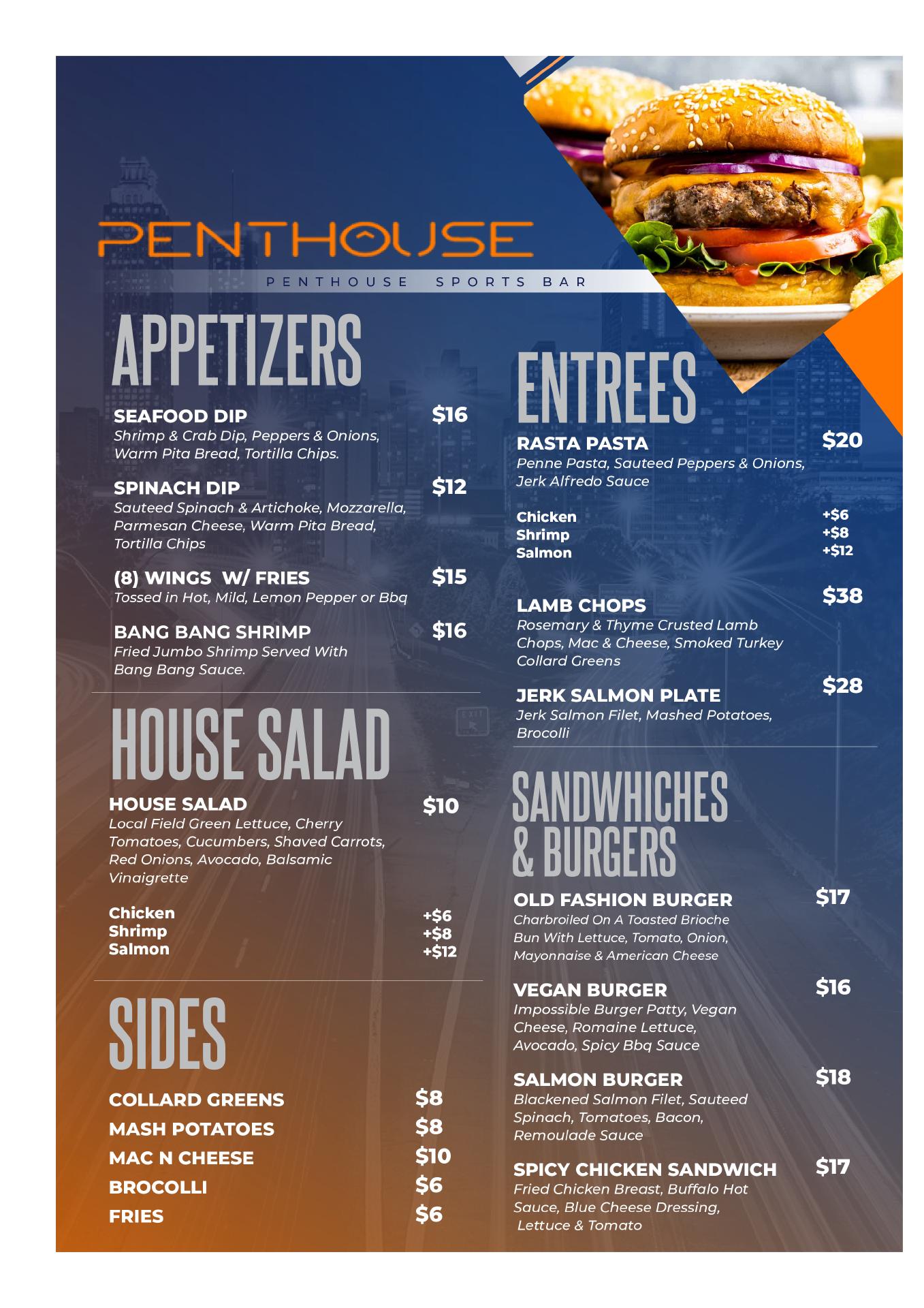 Penthouse Sports Bar Menu