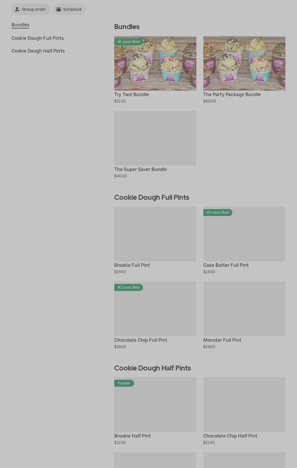 Scooped Cookie Dough Bar Menu