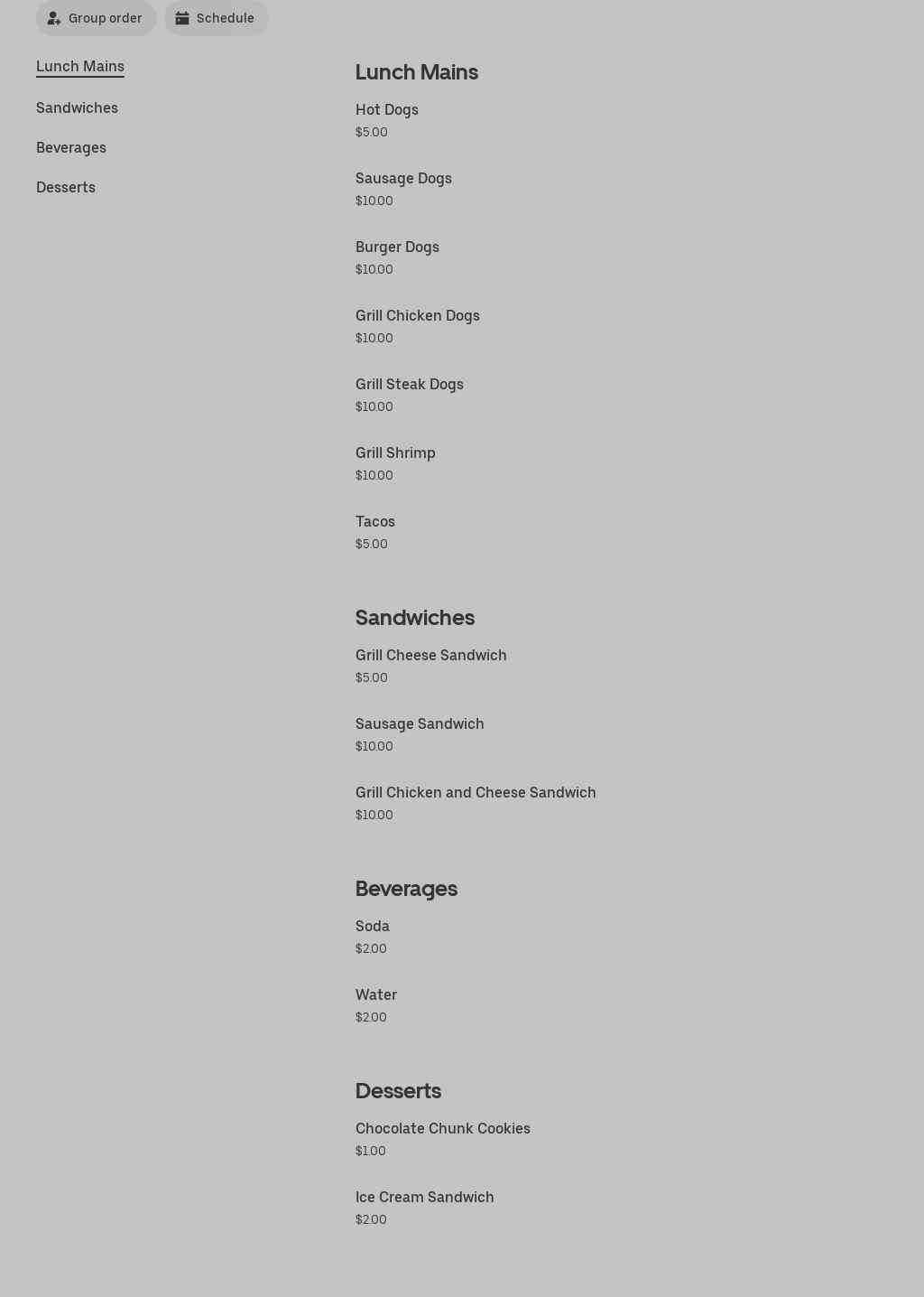 Atlanta Roadside Cafe Menu