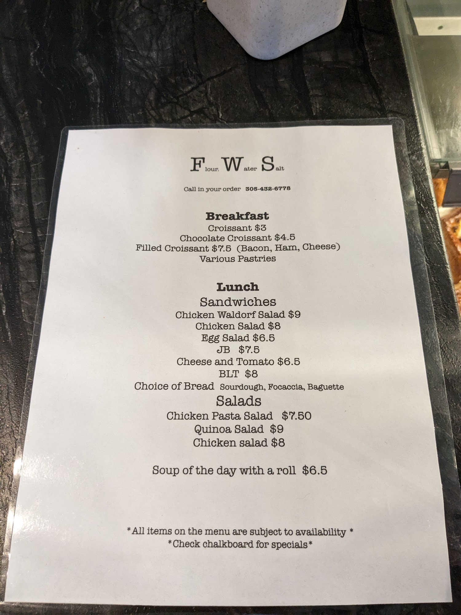 Flour, Water, Salt Artisan Bakery and Cafe (FWS) Menu
