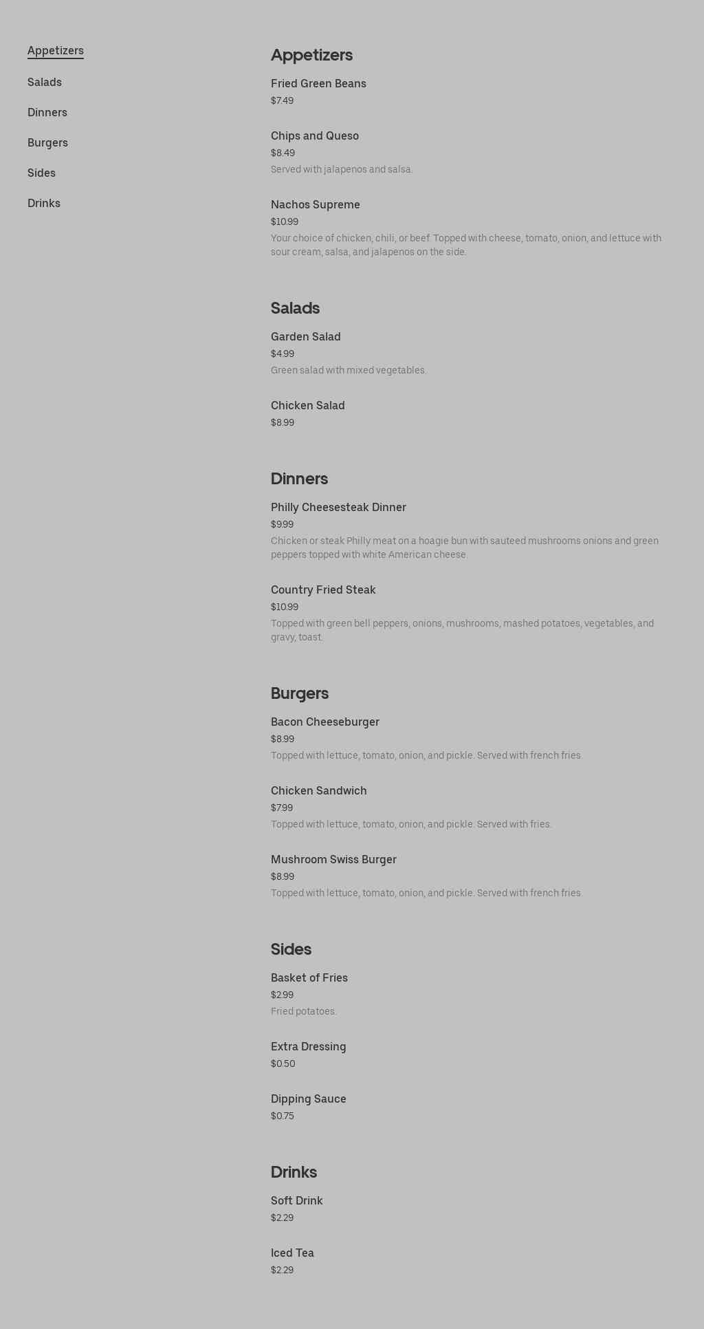 Kevins Korner Bar & Grill Menu