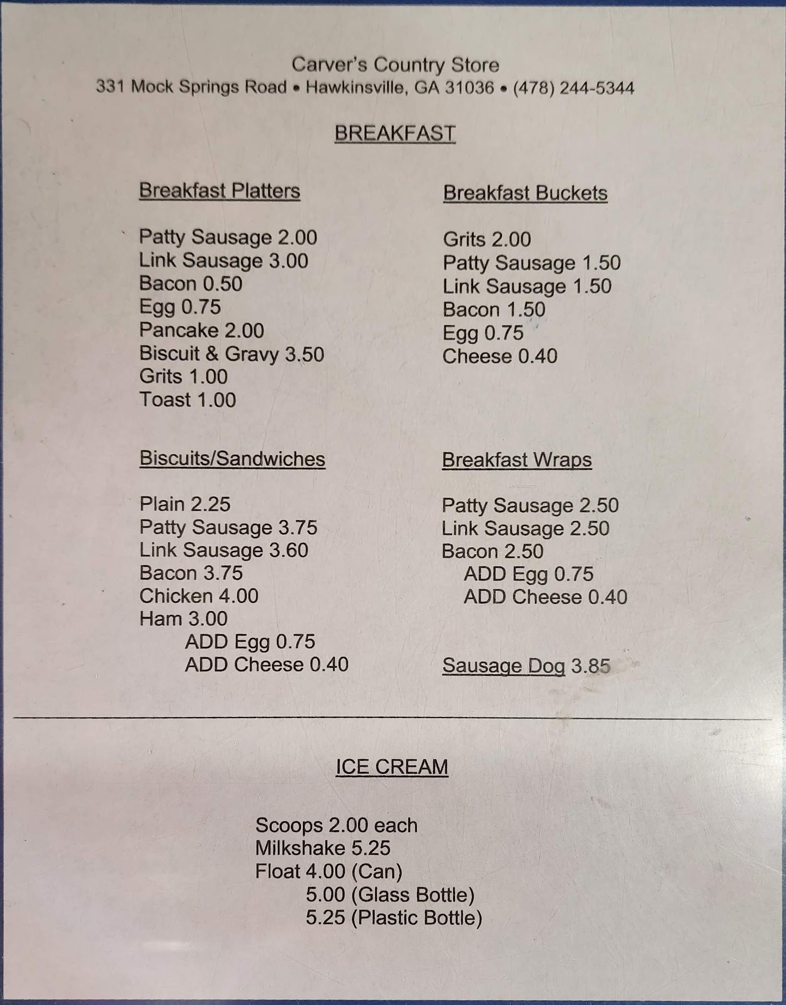 Carver's Country Store Menu