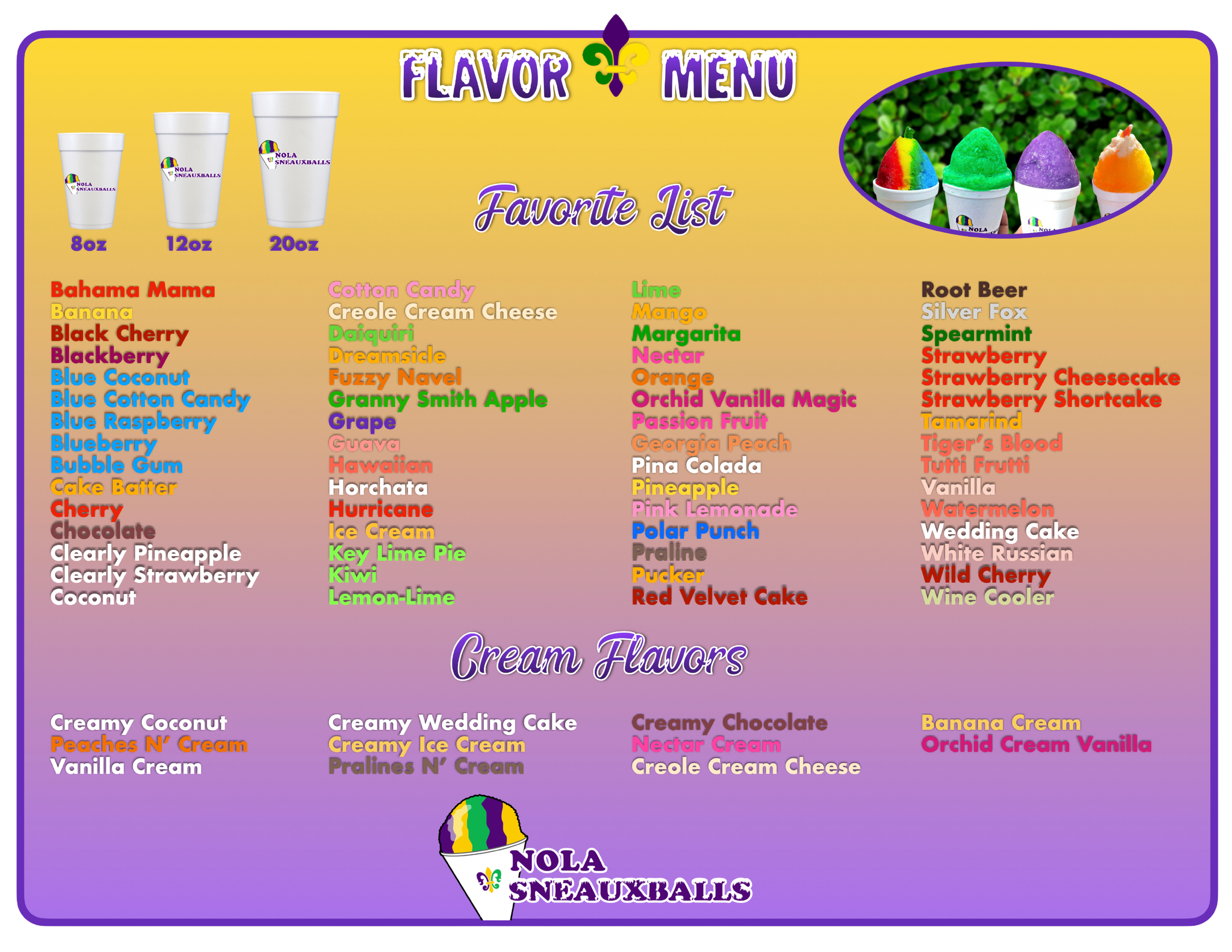 Nola Sneauxballs Menu