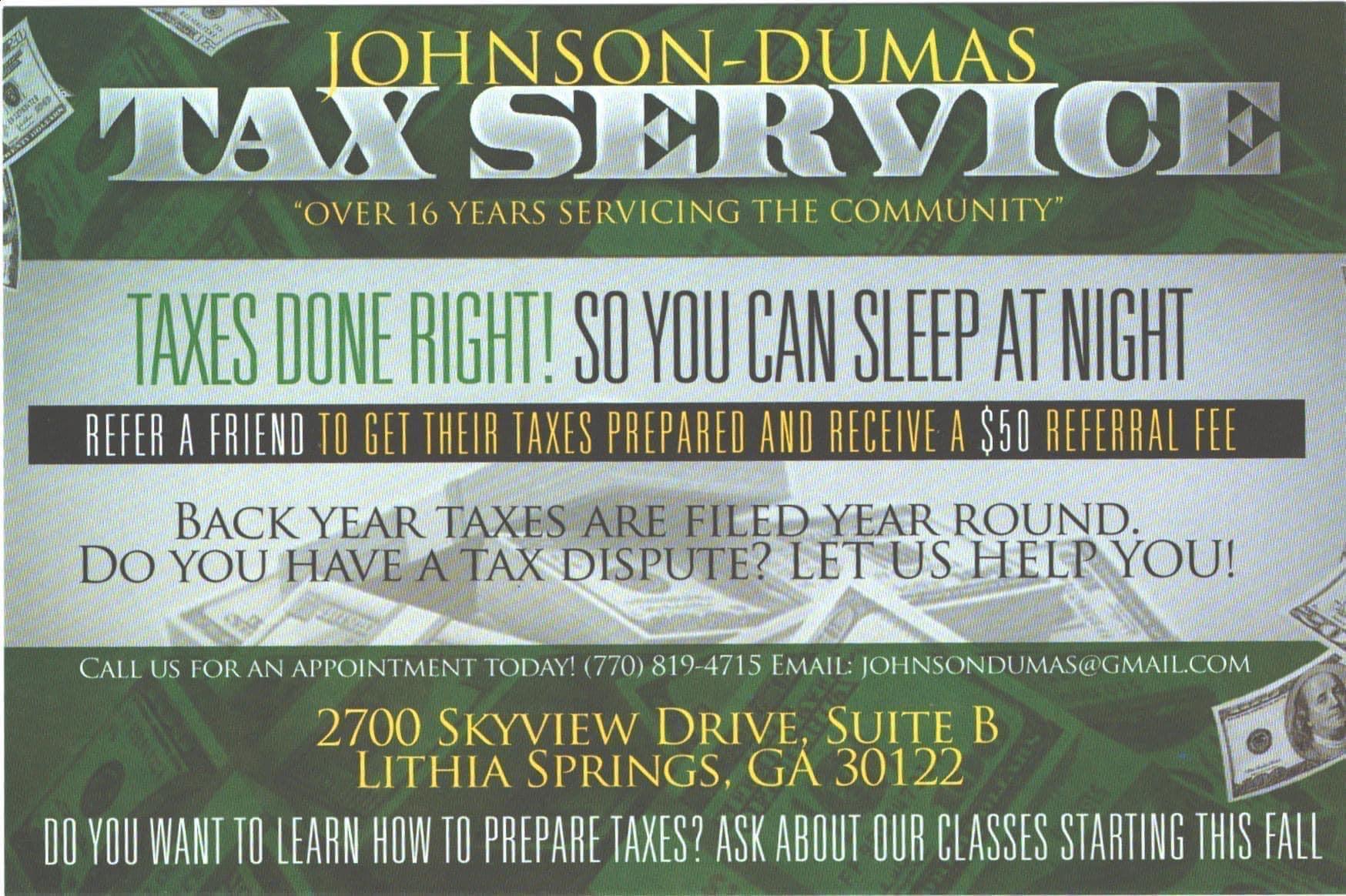 Johnson Dumas Tax Services 2700 Skyview Dr # D, Lithia Springs Georgia 30122