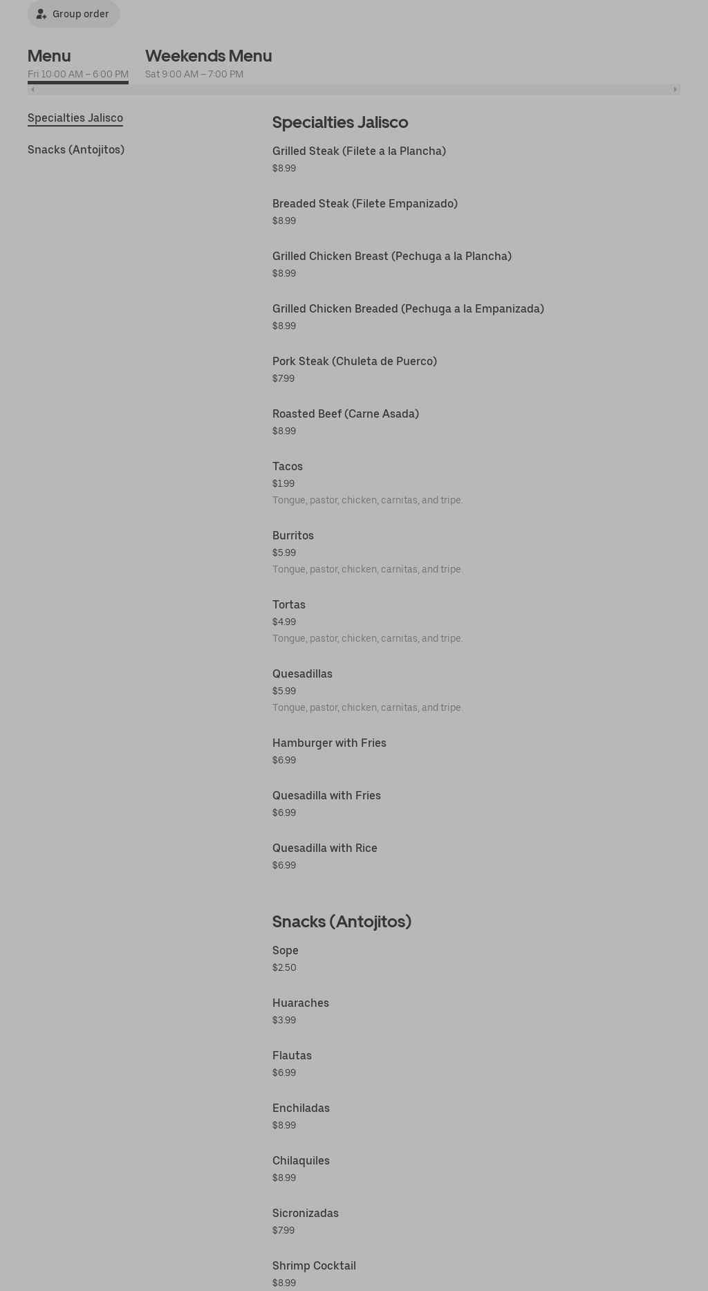 Super Carniceria Costas de Jalisco Menu