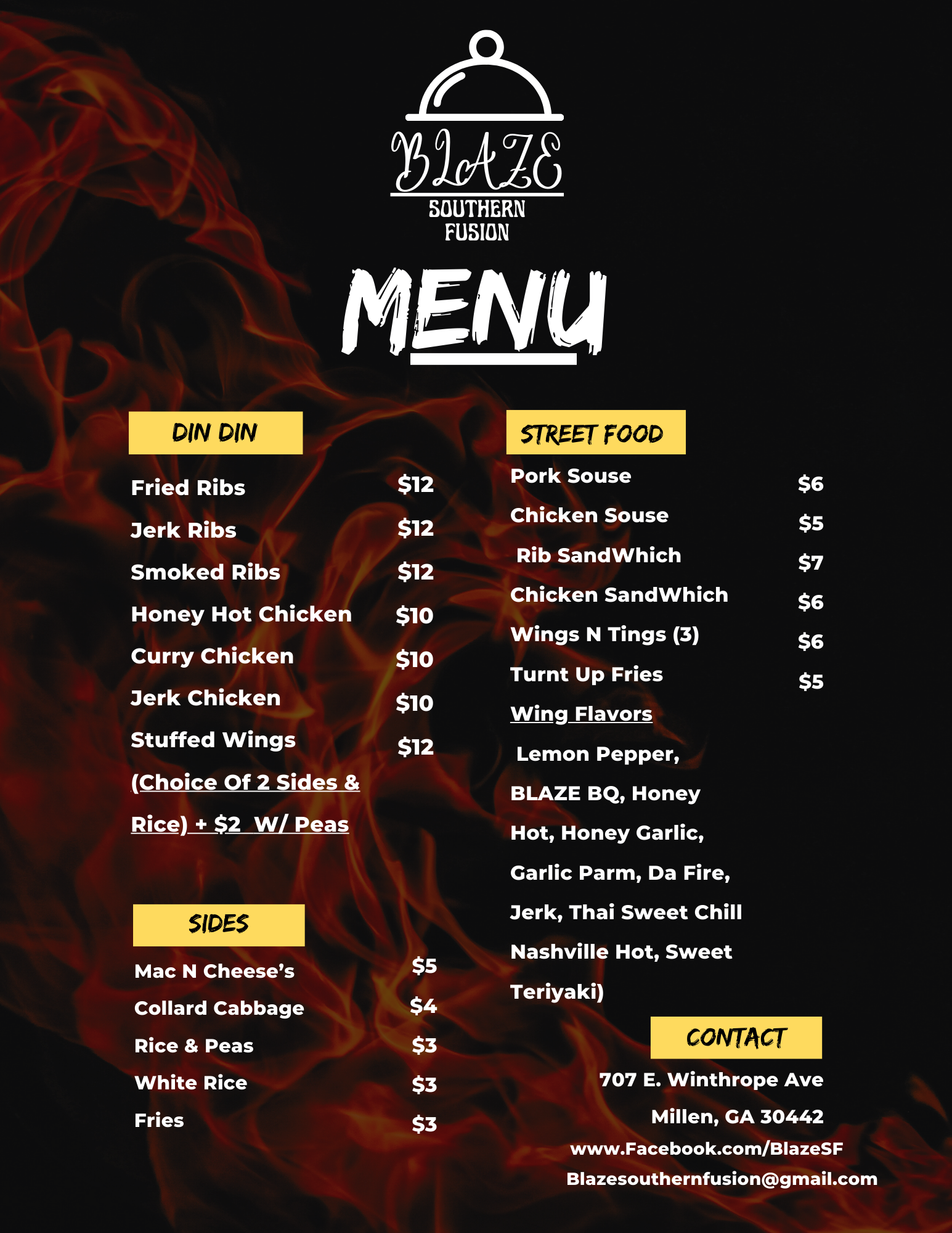 Blaze Southern Fusion LLC Menu