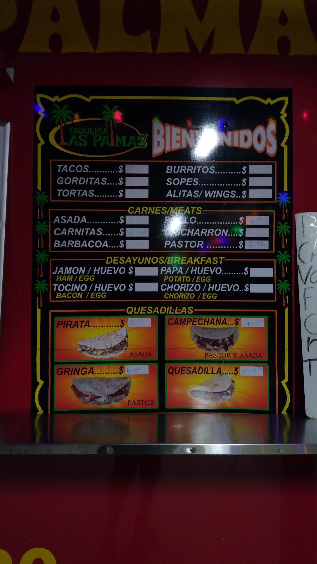 Taqueria las palmas Menu