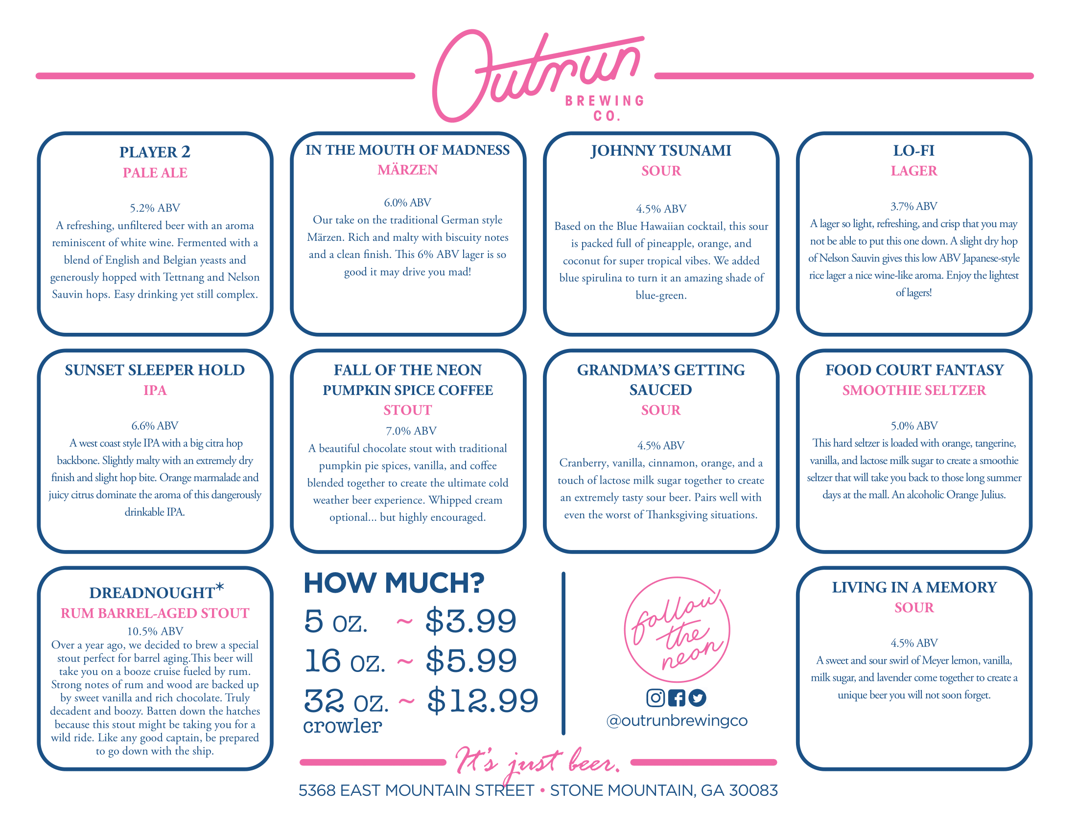Outrun Brewing Company Menu