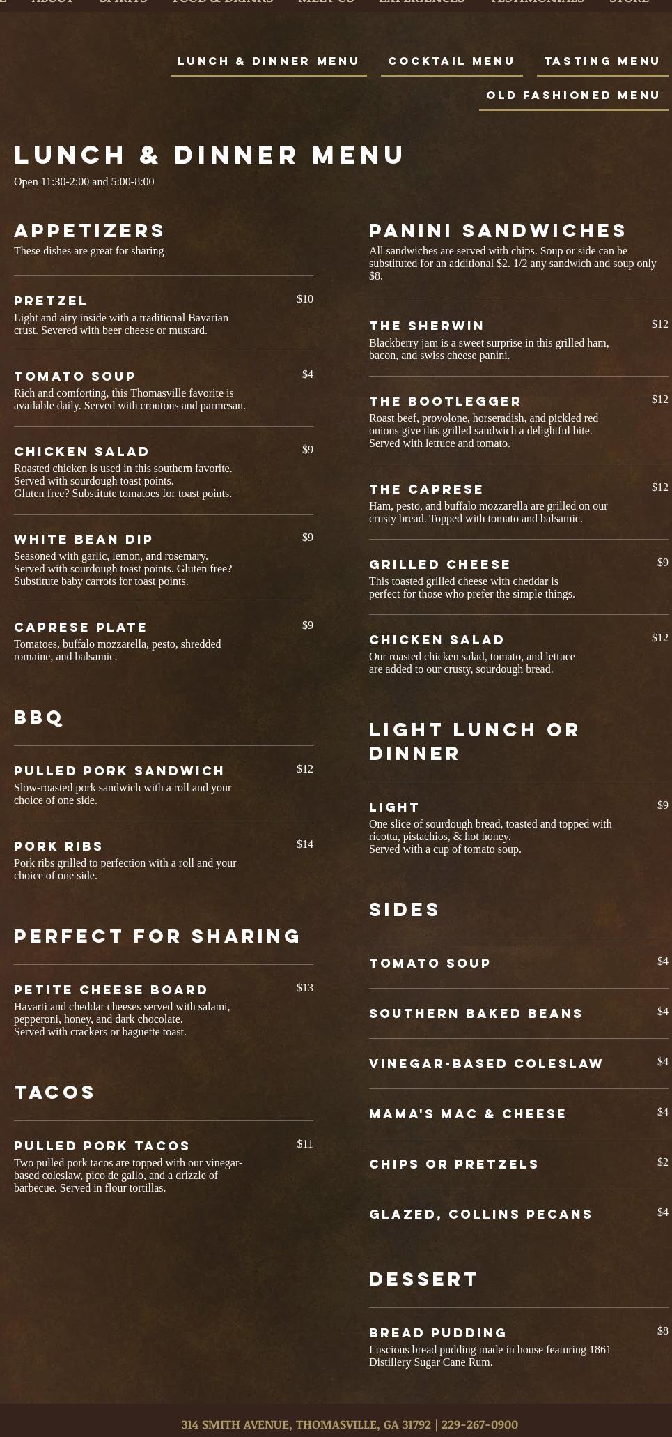 1861 Distillery Menu