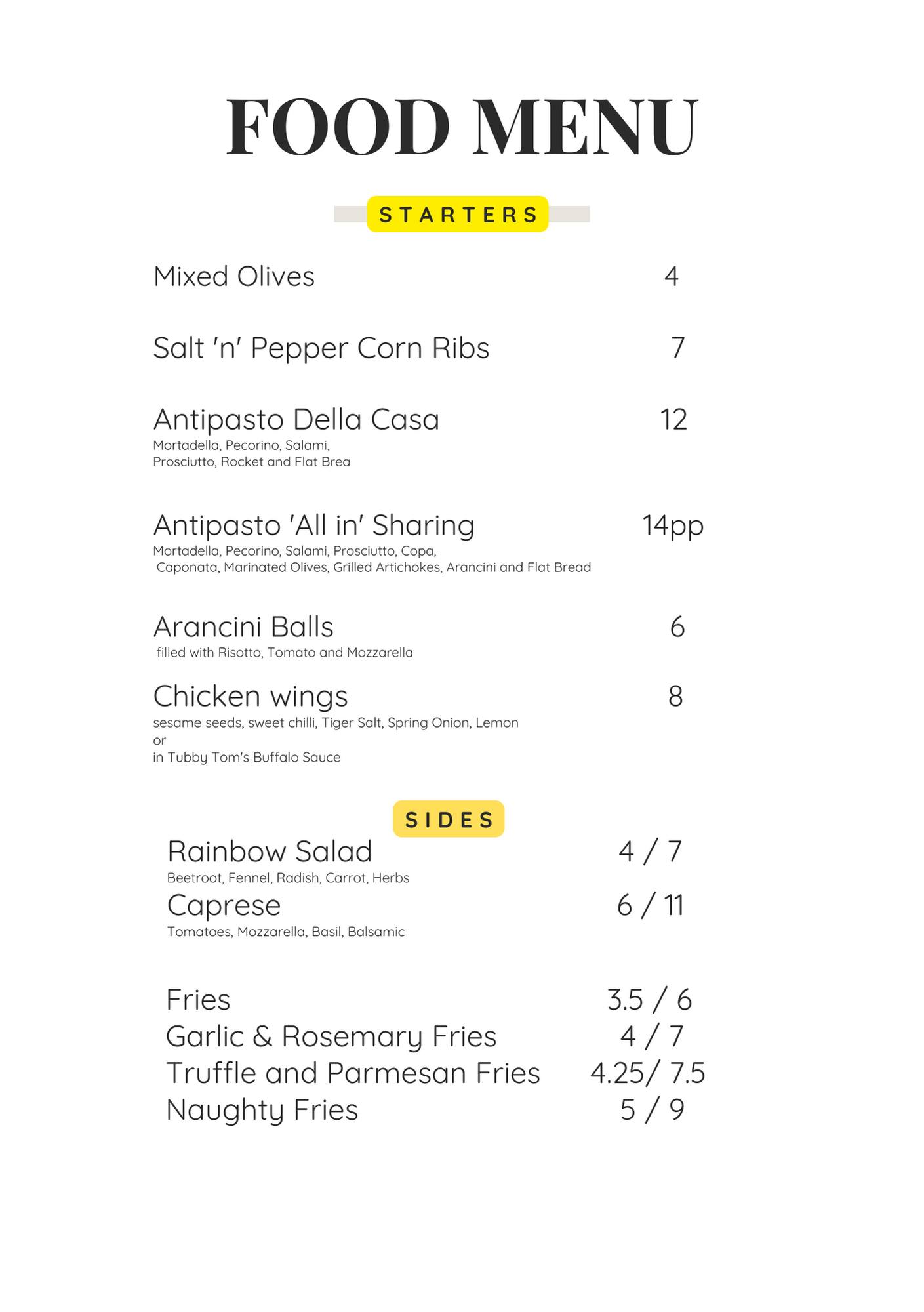 Fat Toni's Pizzeria Menu