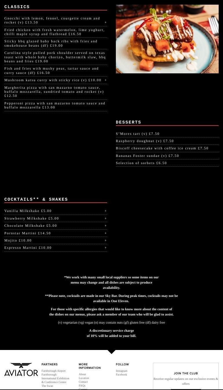Aviator Brasserie Menu