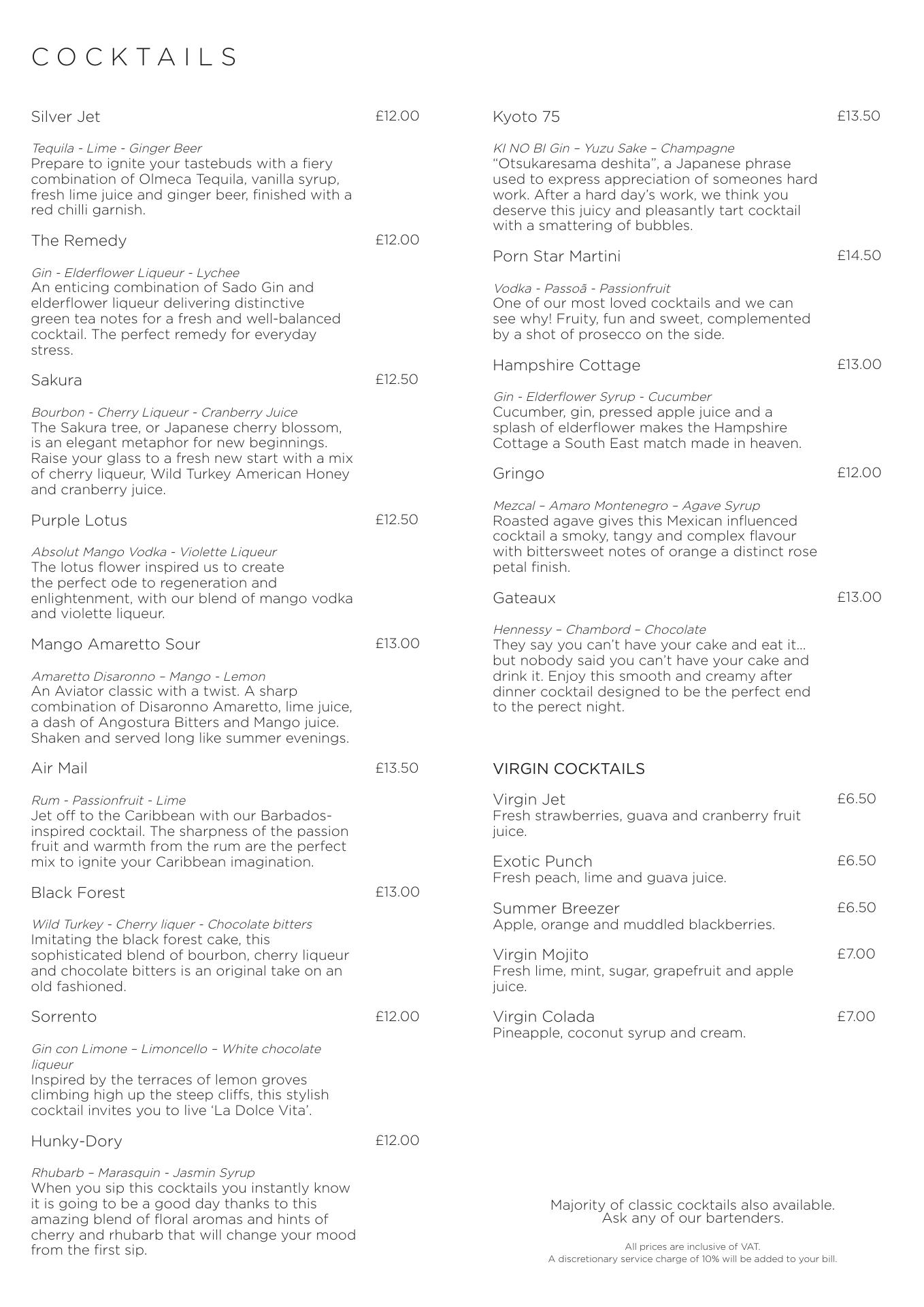 Aviator Brasserie Menu