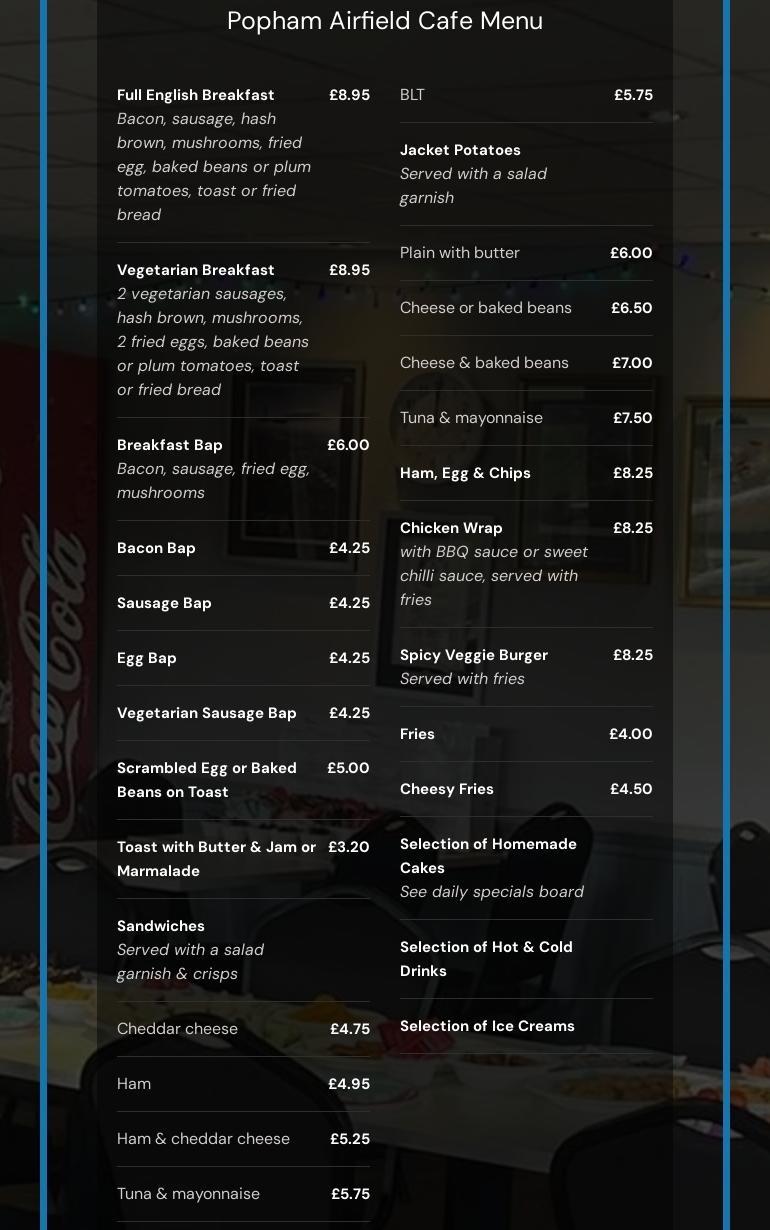 Popham Cafe Menu