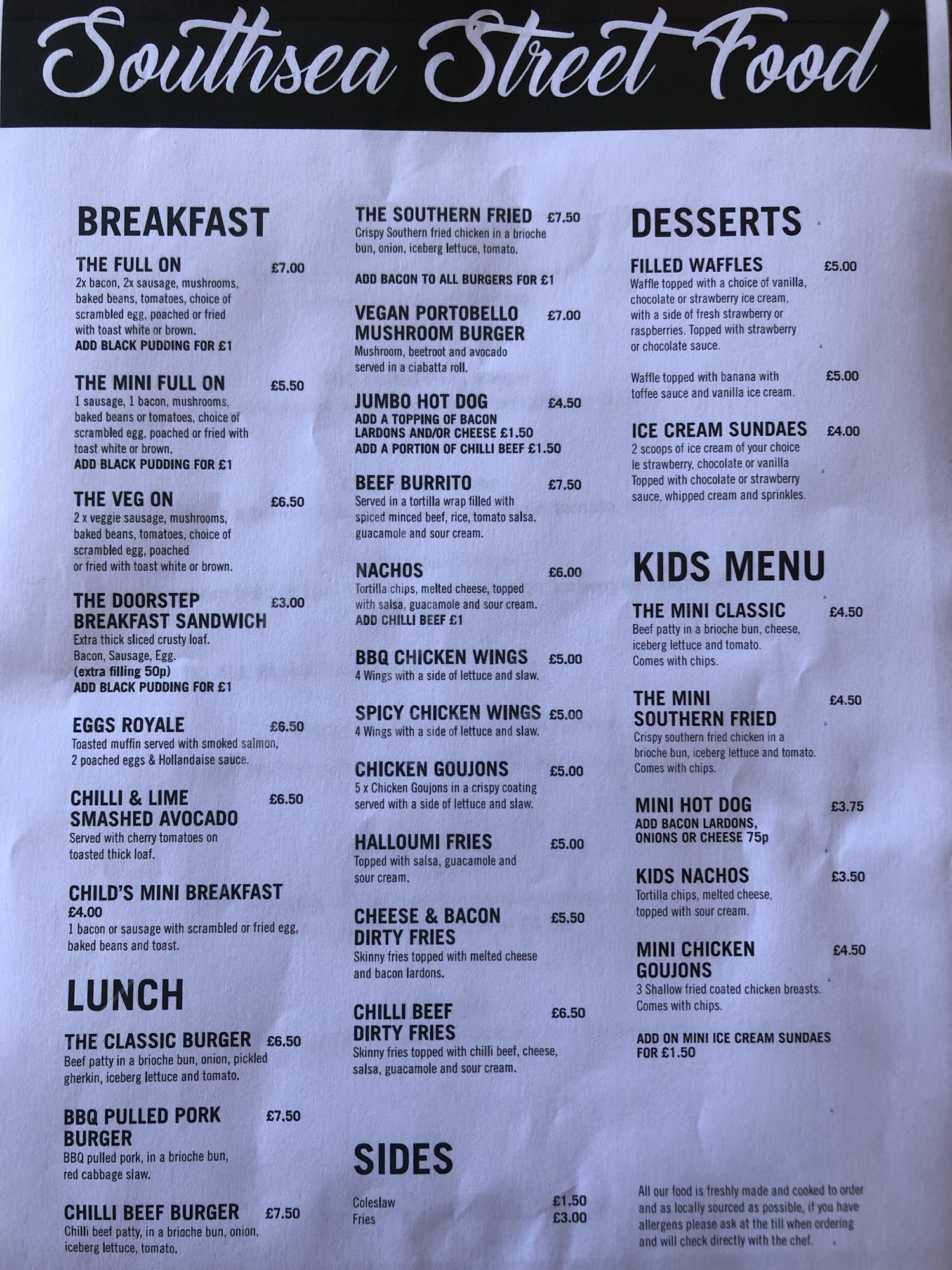 Southsea SeaFront Cafe Menu