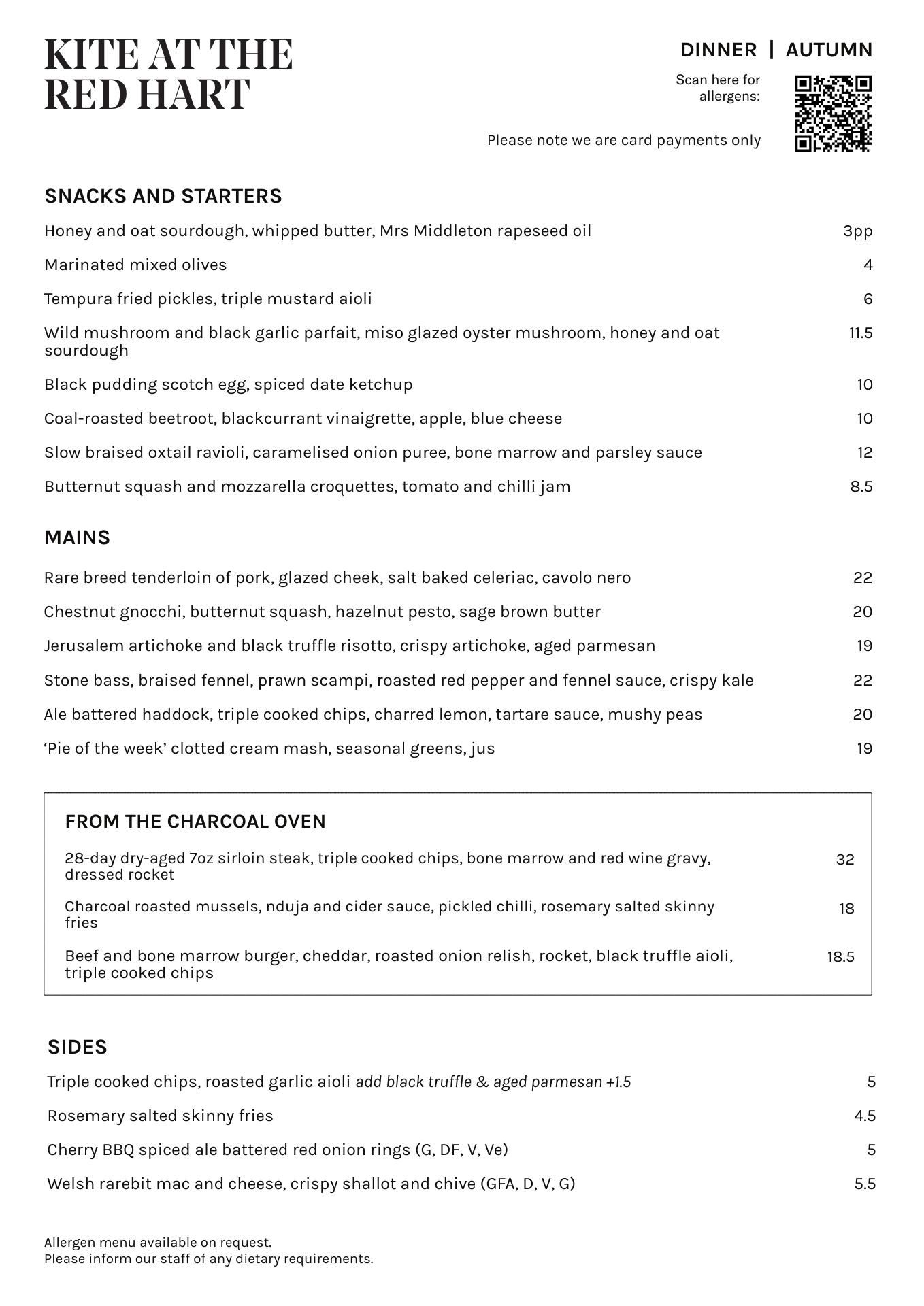 Kite at The Red Hart Menu