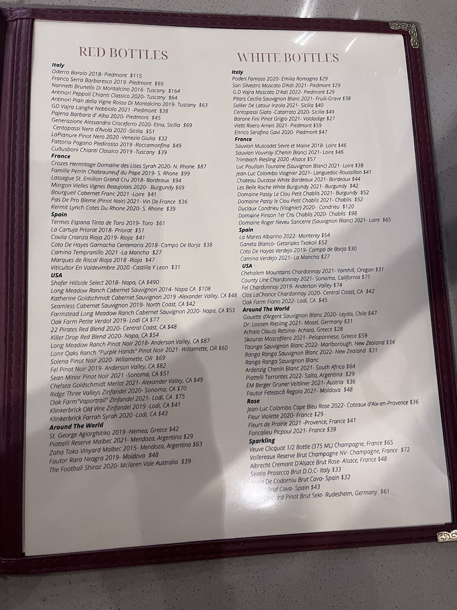 The Wine Shop Menu