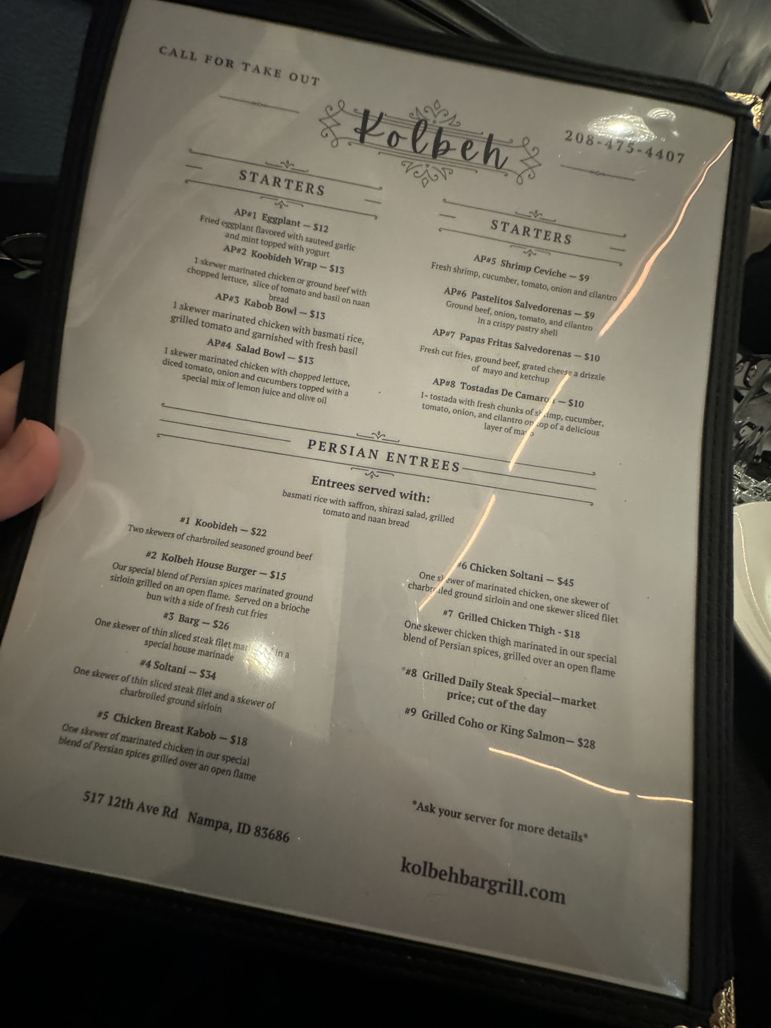 Kolbeh Bar & Grill Menu