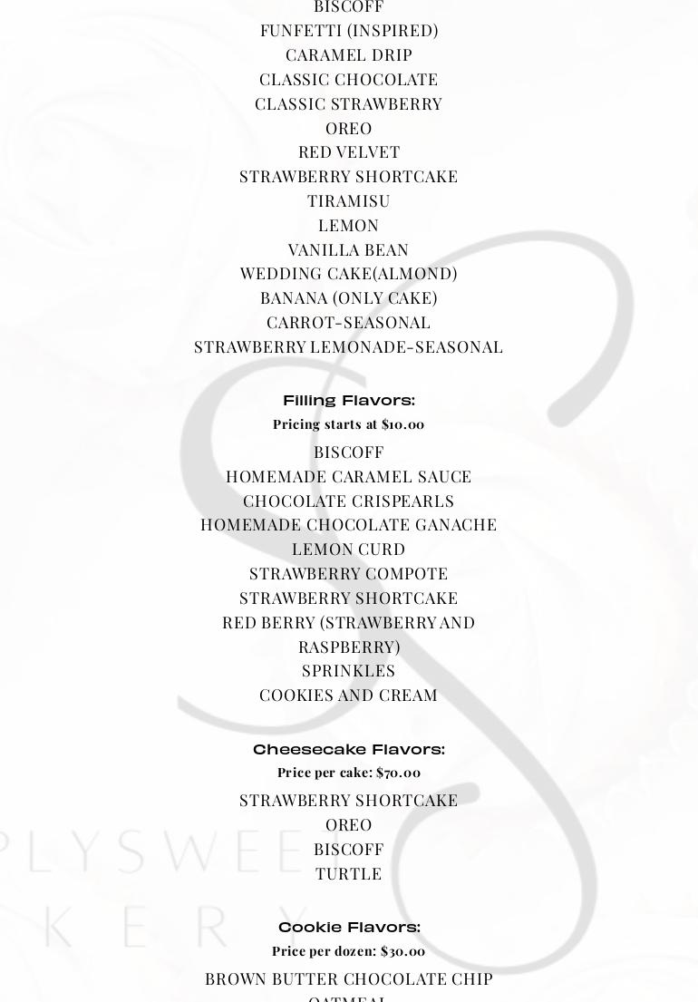 Simply Sweet Bake LLC Menu