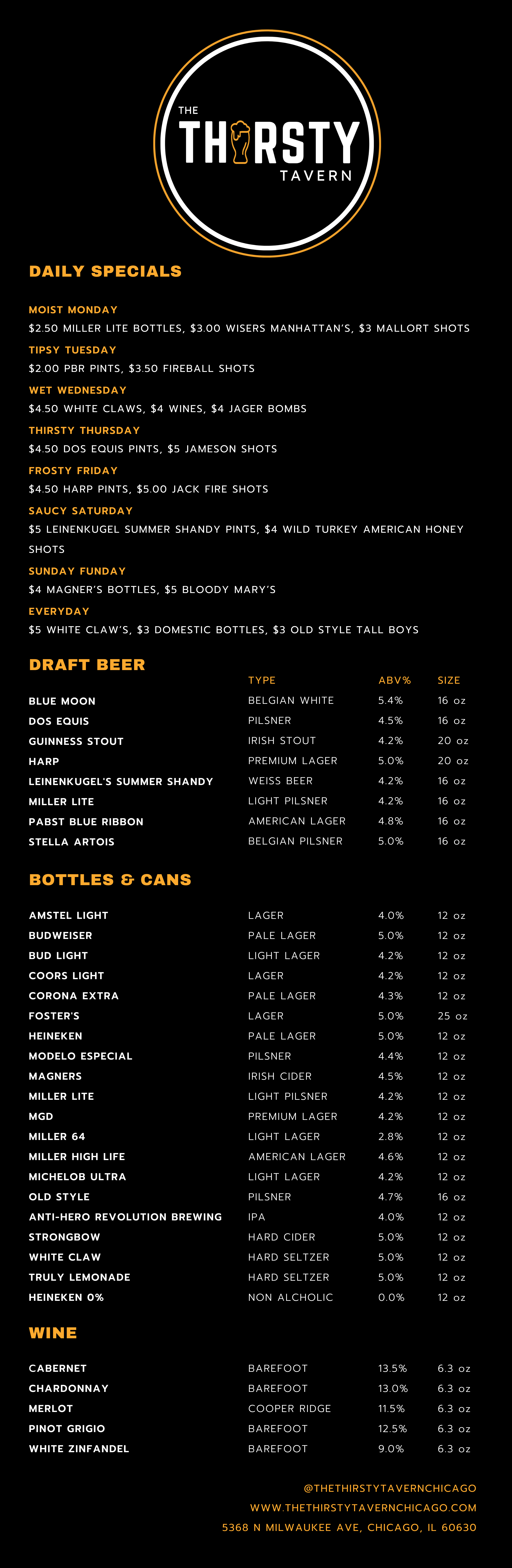 The Thirsty Tavern Menu