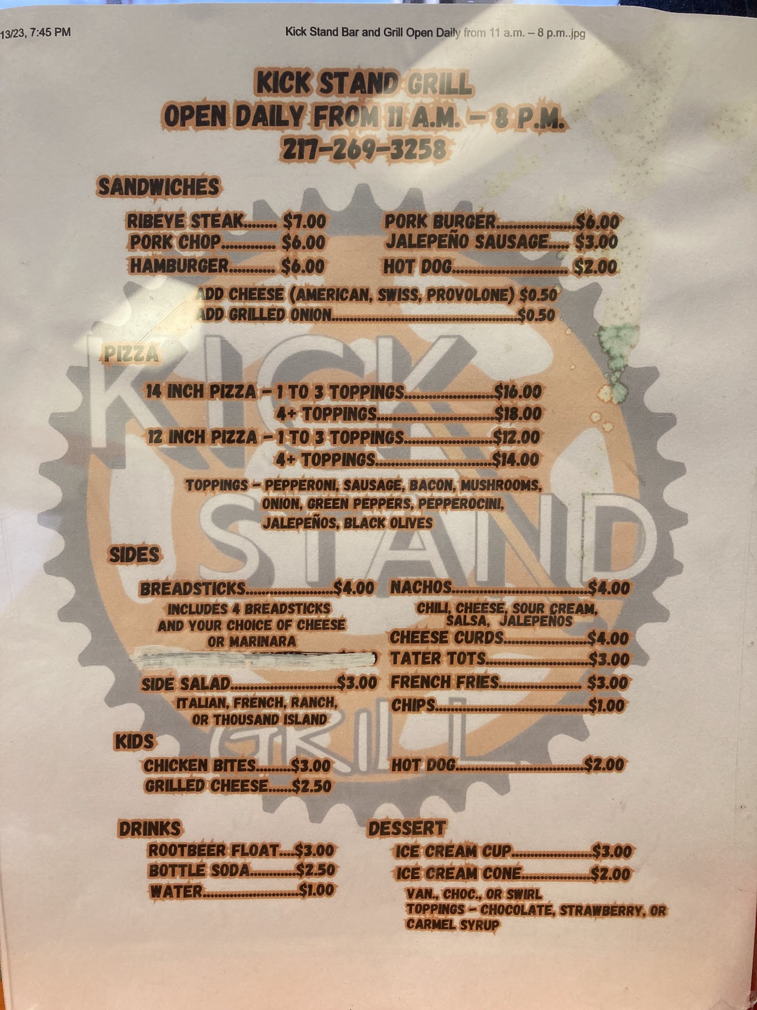 Kickstand Grill Menu